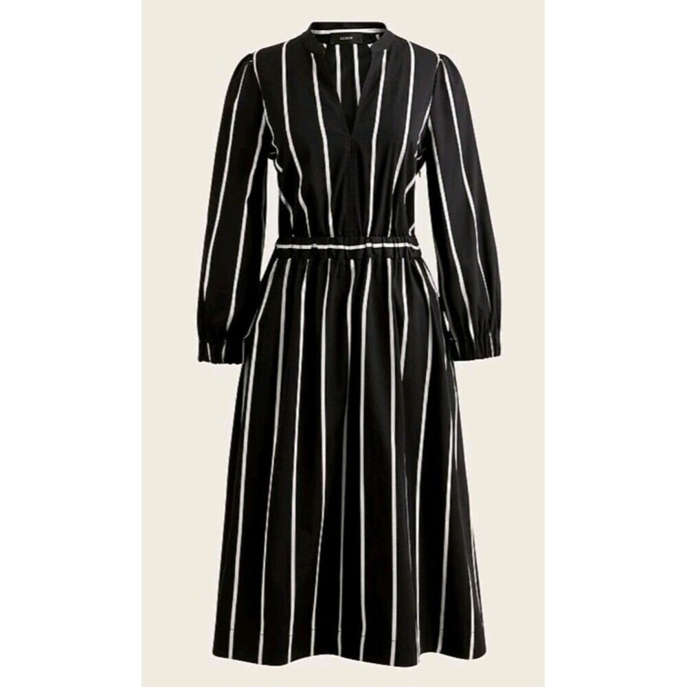 J.Crew Women's Black Stripe Cinched-Waist Cotton Poplin Midi Dress L - Picture 2 of 10